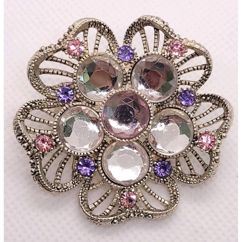 Vintage 1980s Silver Tone Pink Purple Rhinestone Openwork Flower Brooch 44mm